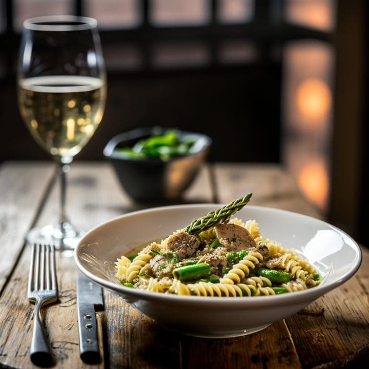 Fusilli aux asperges, chair de saucisse et anchois